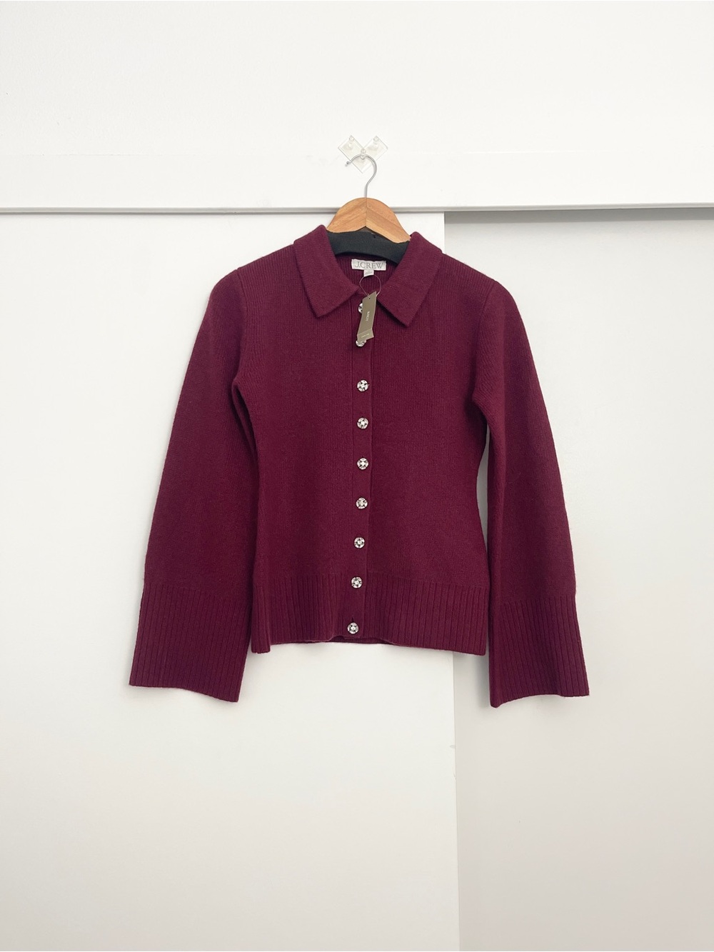 NWT J.Crew Burgundy 100% LambsWool Knit Cardigan Sweater Jeweled Buttons Size XS